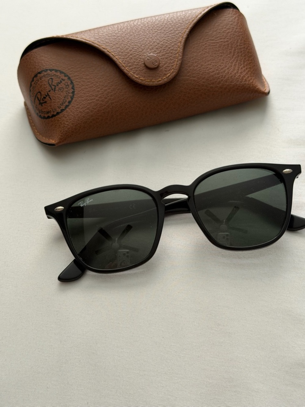 Ray-Ban Black Frame Sunglasses with Dark Green Lenses and Brown Case